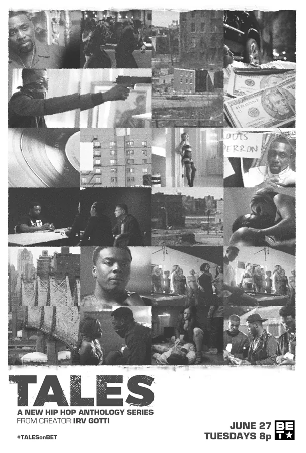 Black-and-white collage poster for Tales