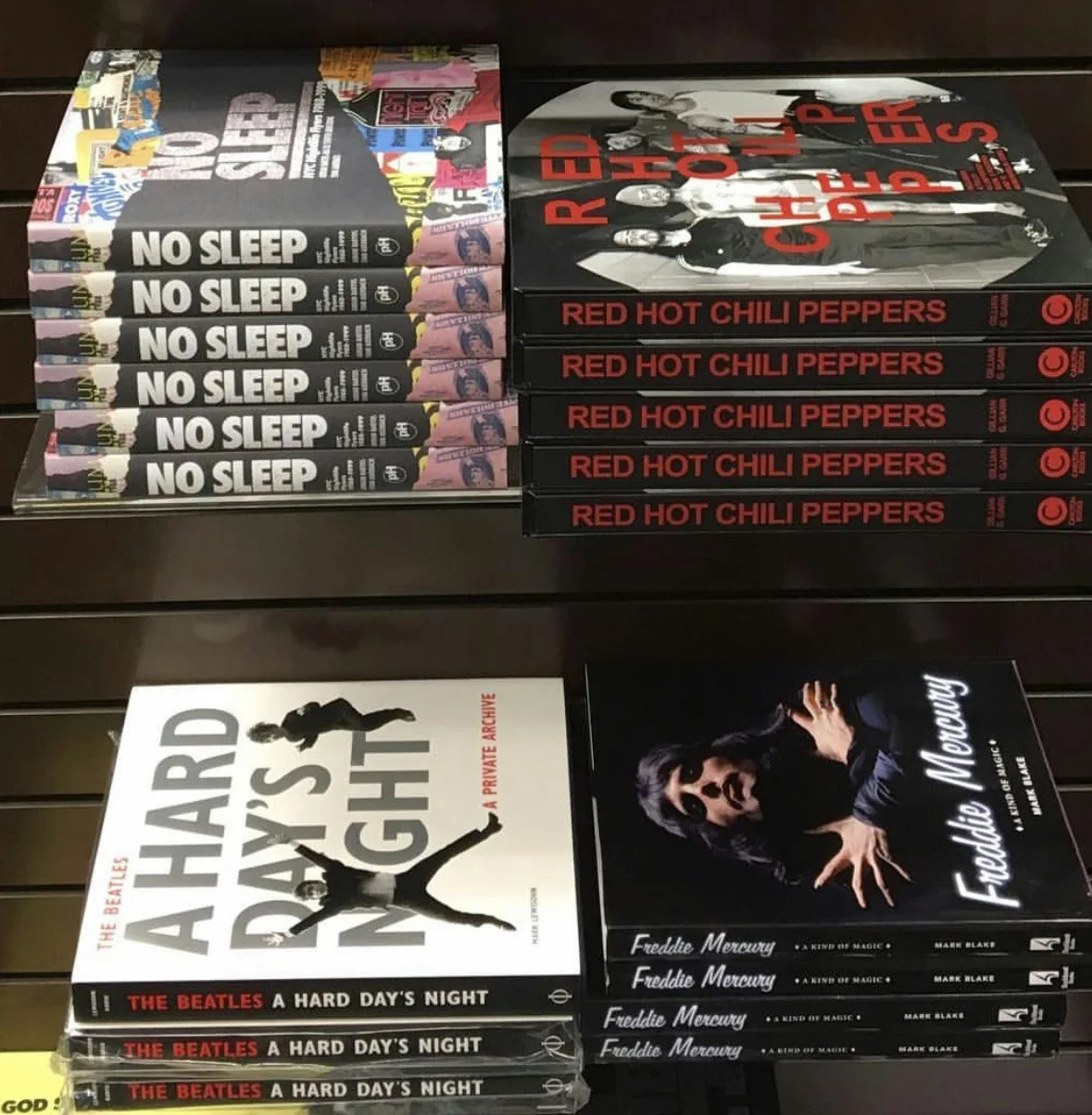No Sleep books and merchandise arranged together