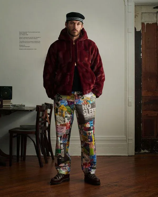 Man wearing campaign artwork trousers