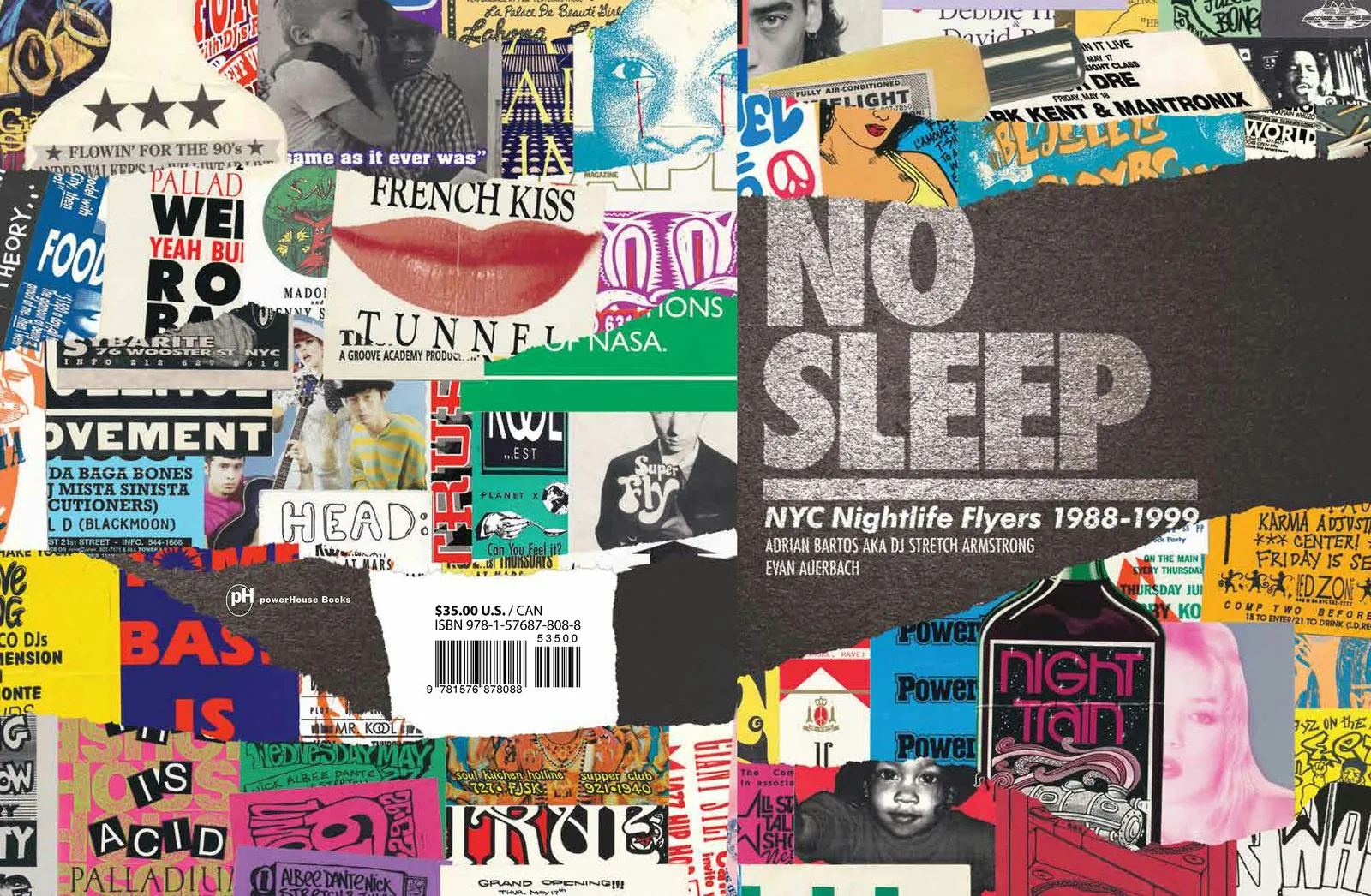No Sleep book jacket surrounded by New York nightlife flyers