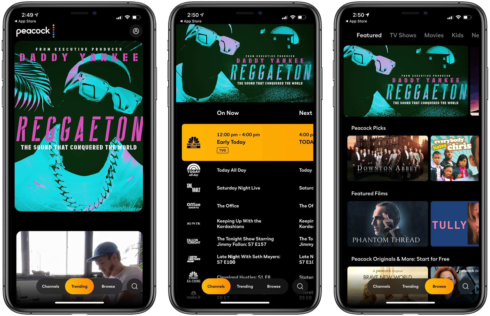 Reggaetón key art across three Peacock mobile platform placements